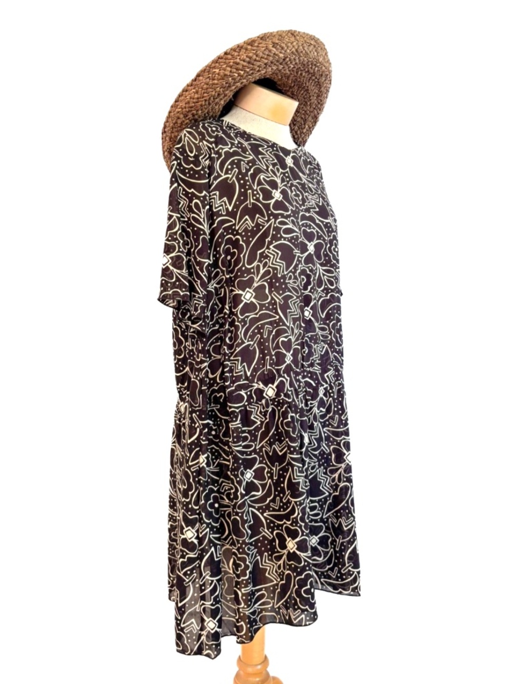 Gudrun Sjoden Bugg Drop Waist Tunic Dress Black White Floral Sheer XL Lagenlook